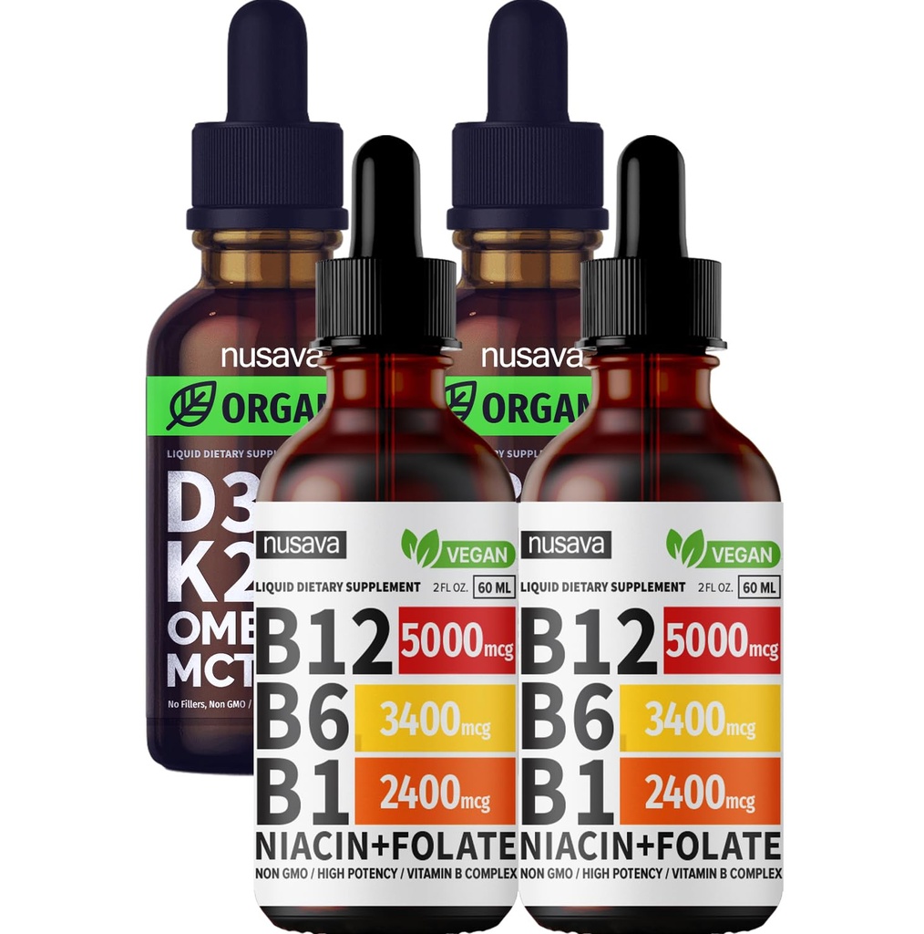 NUSAVA Vitamin B12 Kapky tekuté a bez příchutí D3 K2 Bundle - Potenciální tekuté vitamíny pro srdce, společné, energie, a imunitní podpora - Non- GMO, gluten- zdarma, 2pk Každý
