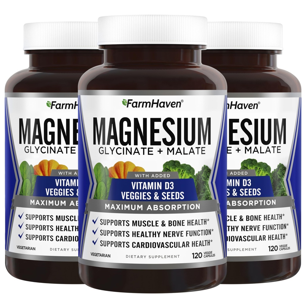 Farmaven Magnesium Glycinate & Malate Complex w / Vitamin D3, 100% Chelated for Max Absorption, Vegan - Bone Health, Nerves, Svaly, 360 Kapsle, 180 dní