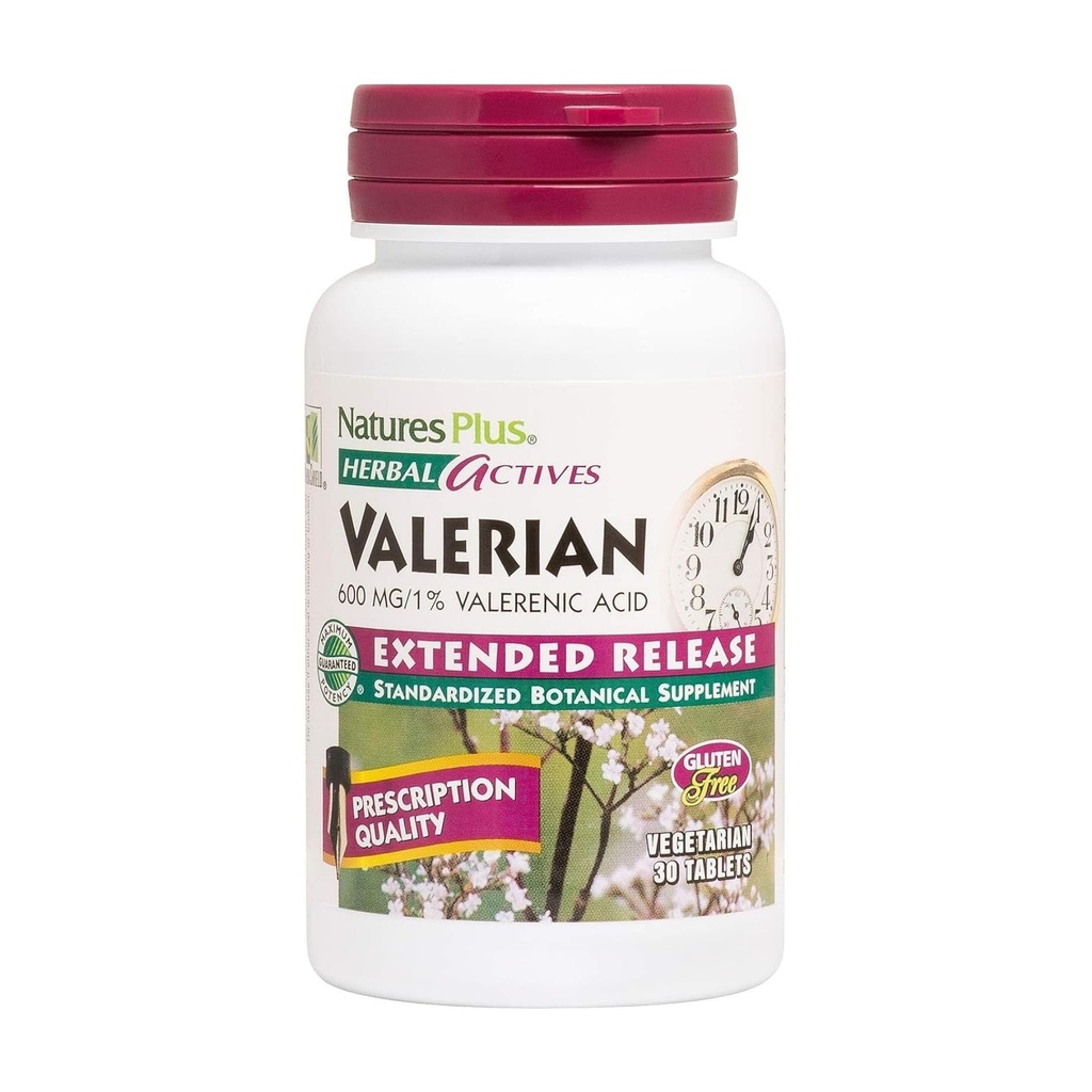 Natures Plus Bylinné látky Valerian Extended Release Tablety - 600 mg, 30 Veganských tablet - Vegetariánské, Bezlepkové - 30 Služeb