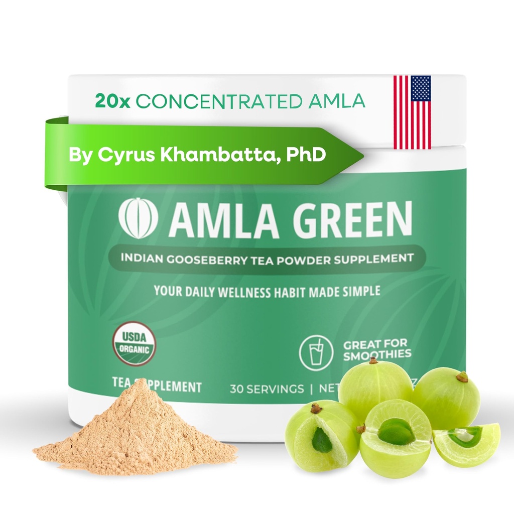 Amla Powder & Green Tea Superfood Dodatek, 20x Ultra Koncentrovaná Amla, Antioxidant Podpora, Made with Oolong Tea and Indian Gooseberry, Organic, Vegan, Classic Flavor, 30 Servings