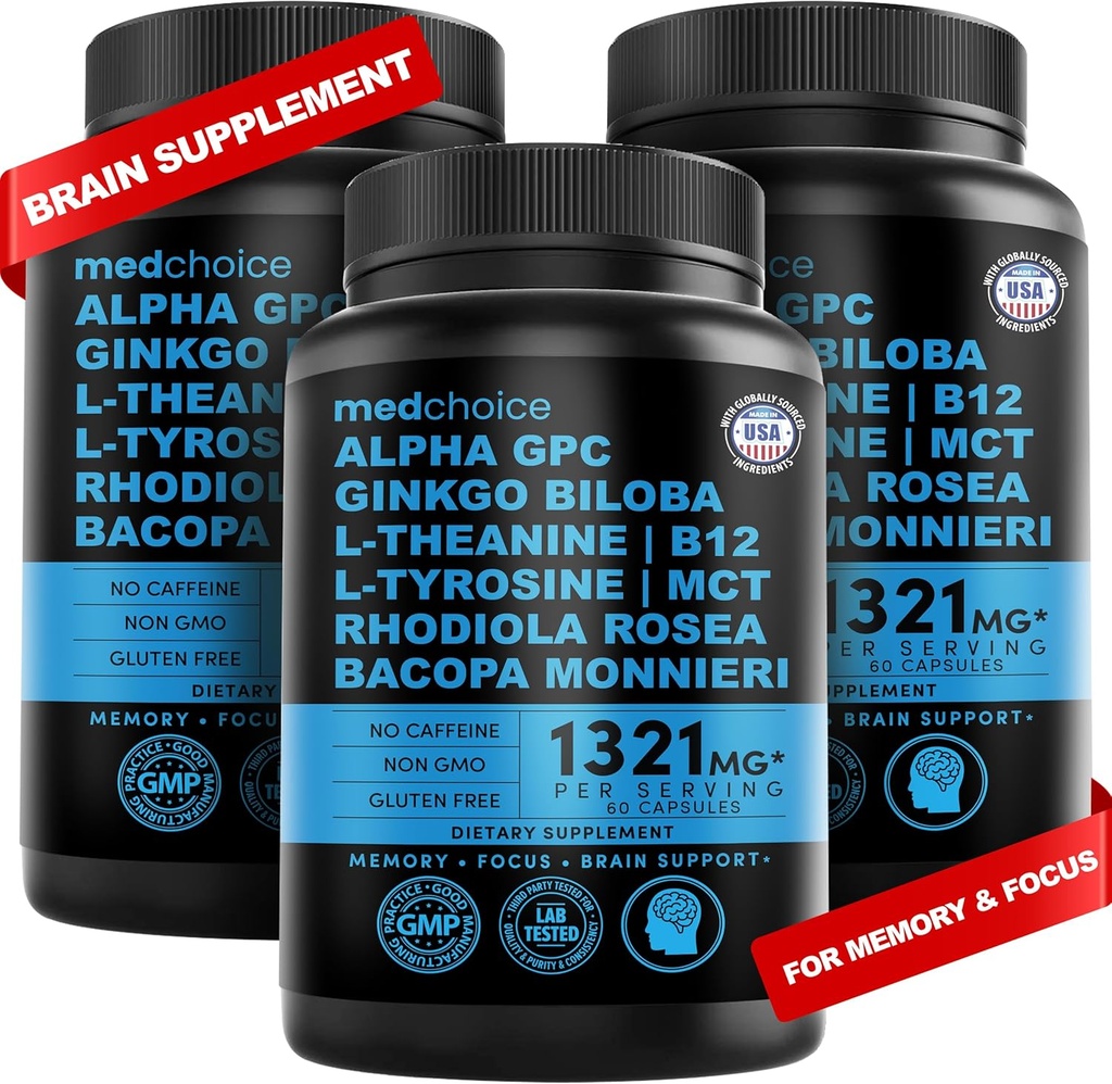 12-in-1 Nootropní dodatek k mozku Bezvodý: Ginkgo Biloba pro podporu mozku, paměti a zaměření - B12, Alpha GPC, L Theanine a Choline doplňky s bioperine Non Caffeined 1321mg (180ct)