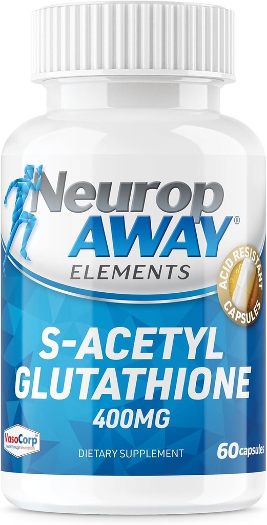 Elementy NeuropAWAY S- Acetyl- Glutathione 400mg Acid Residant Kapsle 60ct (60 400 mg Kapsle per Lahvička) 3. strana Testováno Vyrobeno v cGMP zařízení