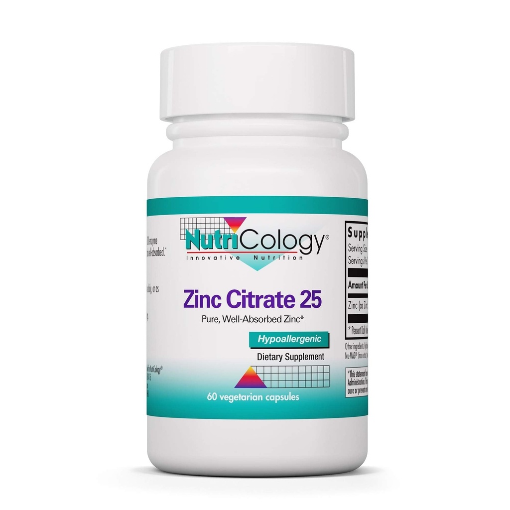 Nutricology Zinek Citrát Dodatek - 25mg zinek pro muže a ženy, Imunitní podpora, Čistá, Well- Absorbované, Well- Tolerované, Stopa Minerální, Vegetariánské Kapsle - 60 Počet