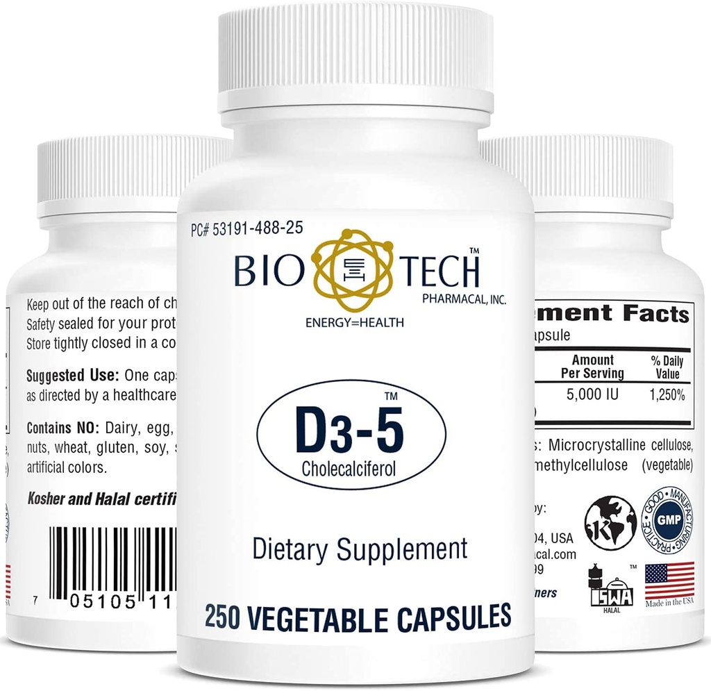 Bio- Tech Pharmaceutical Vitamin D3 (D3- 5 5k IU, 250 Veg Count)