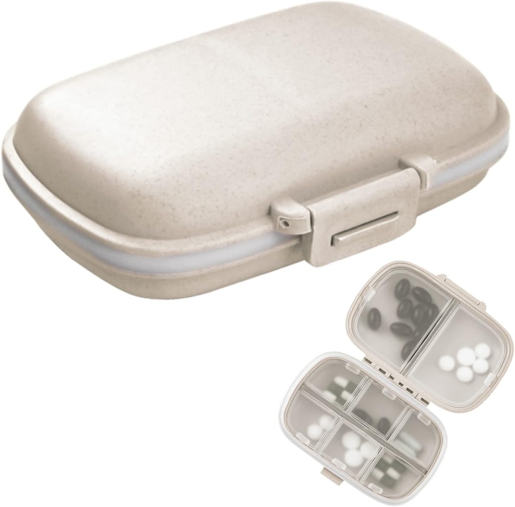 1Pack Travel Pill Organizátor, 8 Compartments Přenosný Pouzdro na Pill, Malý Pouzdro pro kapesní peněženka Přenosná medicína Vitamin Container Beige