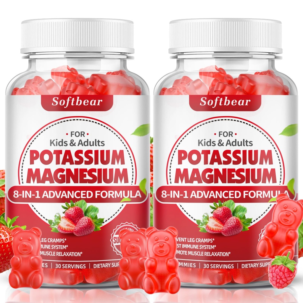 softbear draselné gumy pro dospělé, vysoká absorpce hořčíku doplněk draslíku s vitaminem B6 pro nohy křeče a svalové zdraví Sugar- bez veganské jahody 120 gumy