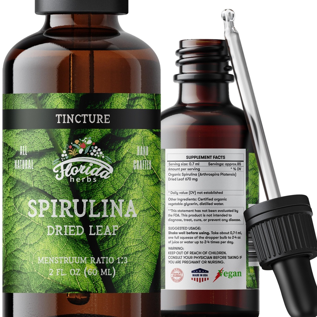 Spirulina tinktura, Organic Spirulina Extract (Arthrospira Platensis) Bylinný doplněk, Non- GMO in Cold- Pressed Organic Zeleninové Glycerin, 700 mg, 2 oz (60 ml)