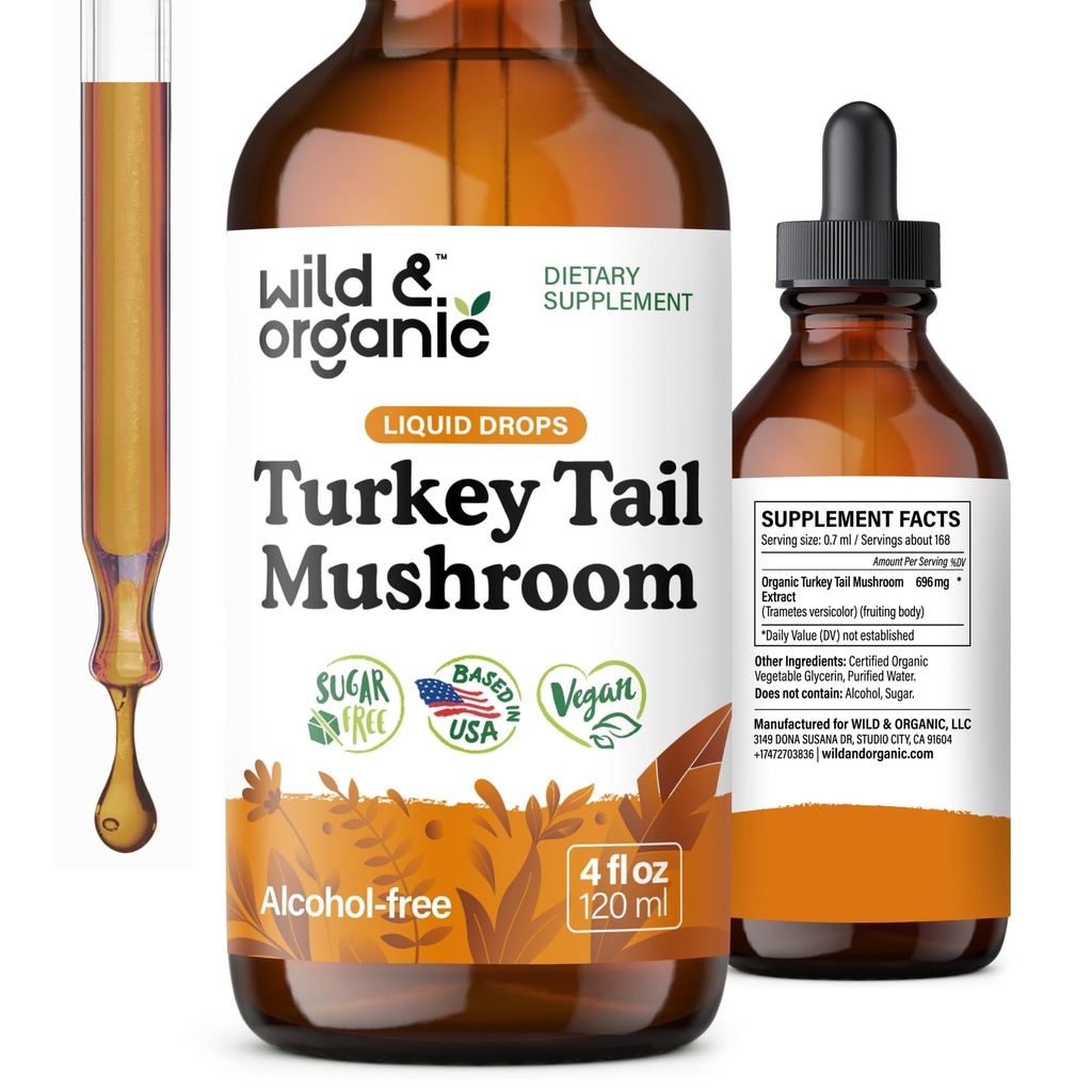 Wild & Organic Turkey Tail Houba Tinktura - Imunitate Support Drops with Turkey Tail Extract - Liquid Houbový dodatek pro Gut Support - Vegan, Cukr & Alcohol- Free - 4 fl oz