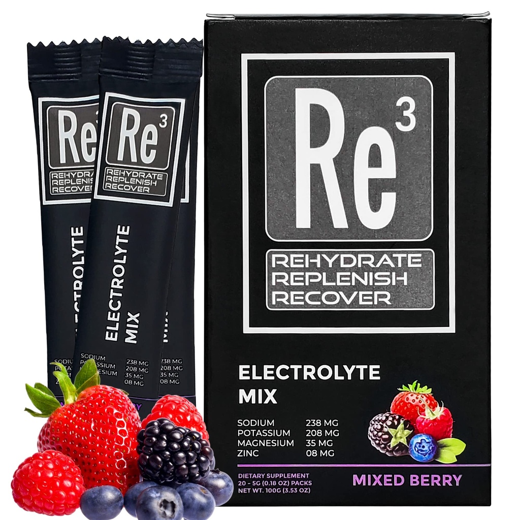 Re3 - Rehydratace - doplnění - Obnovení Electrolyte Powder Packets. Žádný cukr, 7 Cal, 1.4 sacharidy. Nejlepší mix vitaminů a minerálů (smíšený Berry)