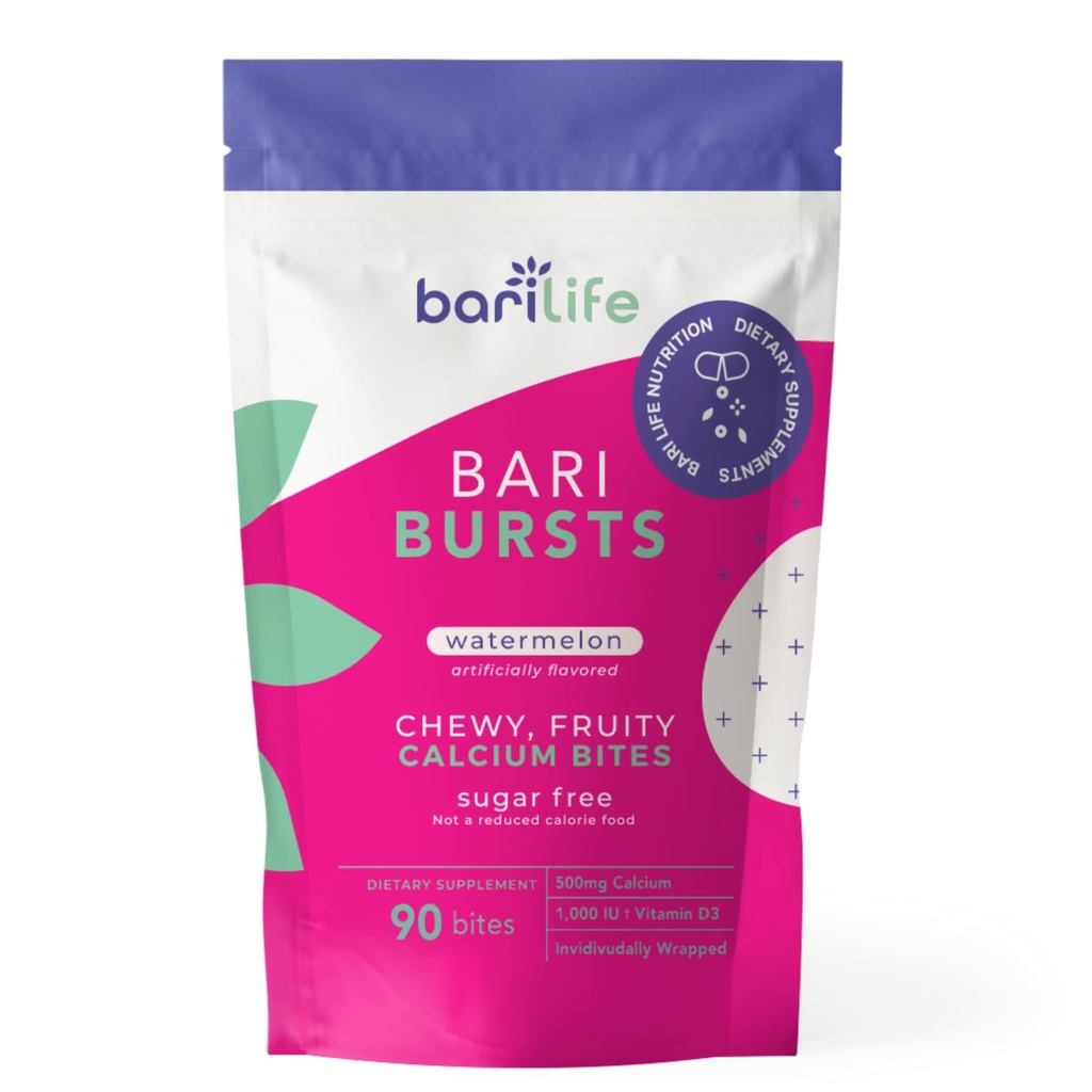 Citrát vápenatý Bariatrické Žvýkačky vápníku s 1000 IU vitaminu D3 - Ideální pro bariatrické pacienty - BariBurst by Bari Life (Meloun vodní)
