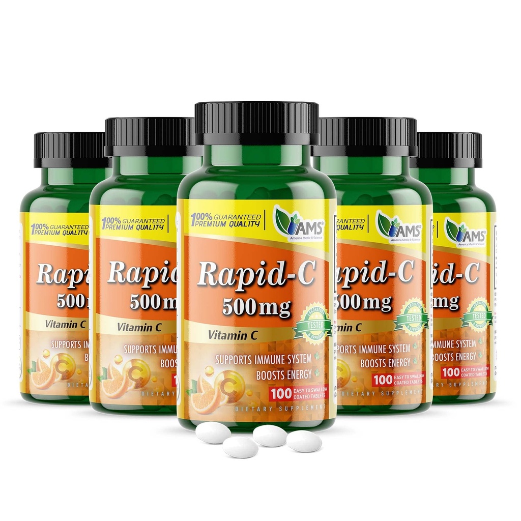 America Medic & Science Rapid-C 500mg vitamin C dodatek 500 Tablety (5 balení 100 Tablety) Denní imunitní systém Podpora, Antioxidant current 124; Vegan, Non- GMO potažená kyselina askorbová pro dospělé muže a ženy