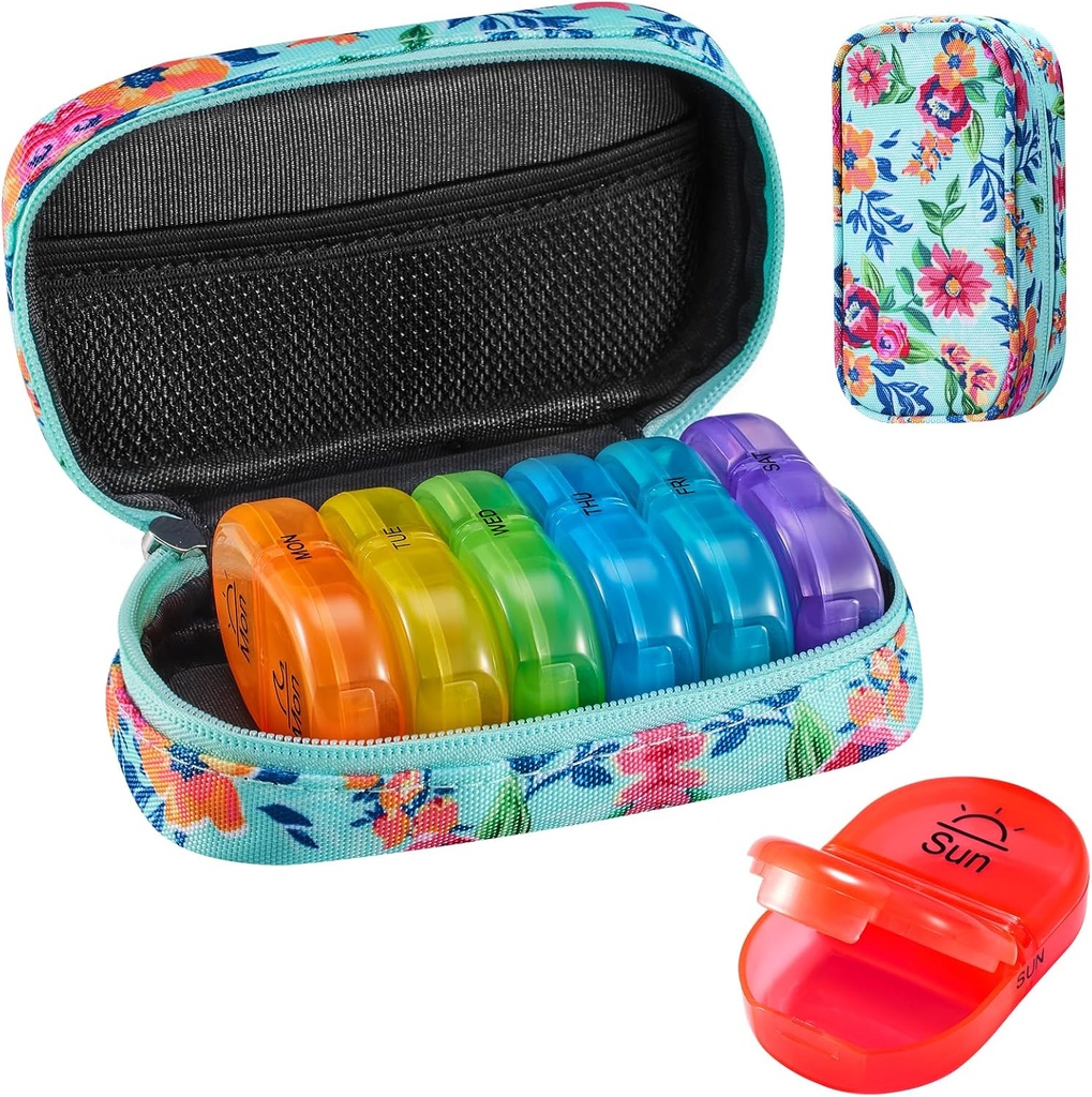 Serfeymi Týdenní Travel Pill Organizátor 2 Times A Day PM Upgraded Rainbow Pill Box 7 Day with Portable Zipper Canvas Pill Case, Medicine Organizátor pro pilulky, Vitamíny, Rybí oleje - Green 01