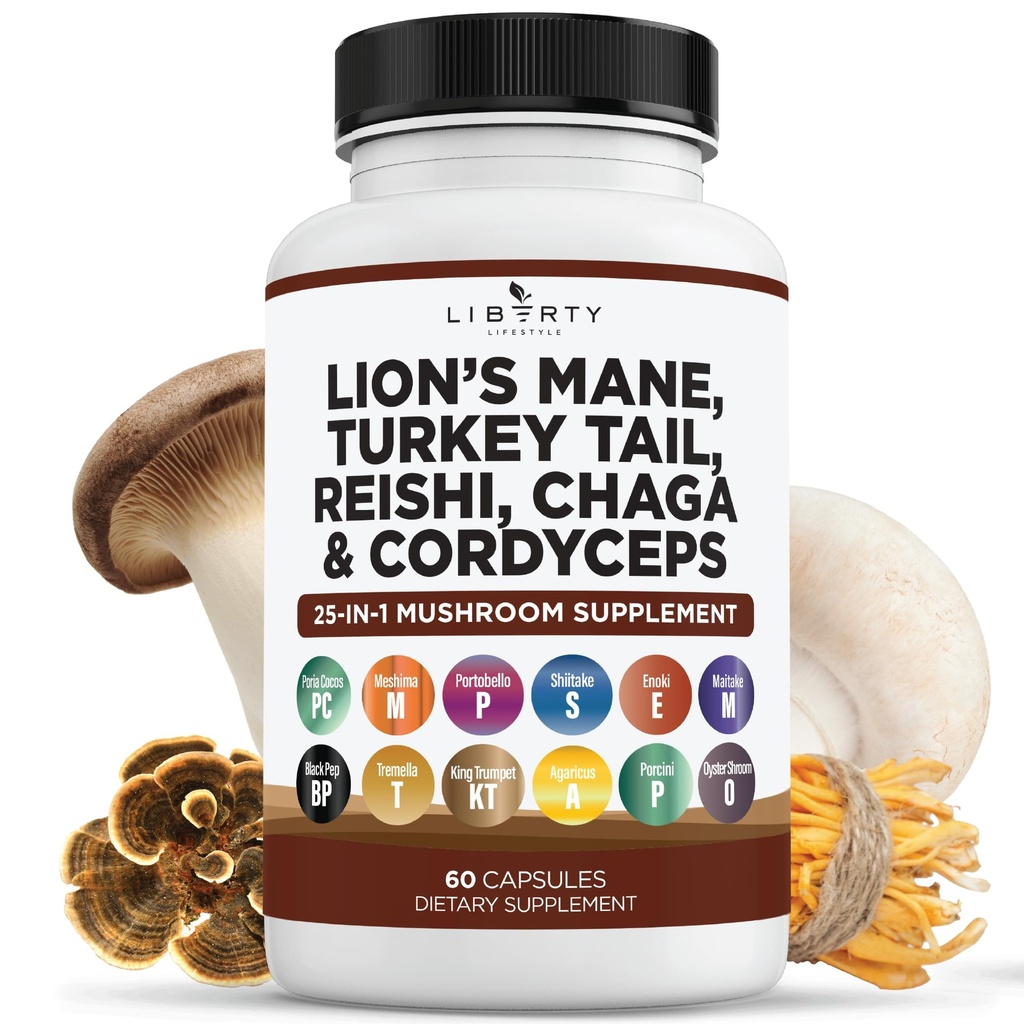 Lions Mane Houbový dodatek s krůtím ocasem Reishi Cordyceps Chaga s marshmallow Root - 1- Pack