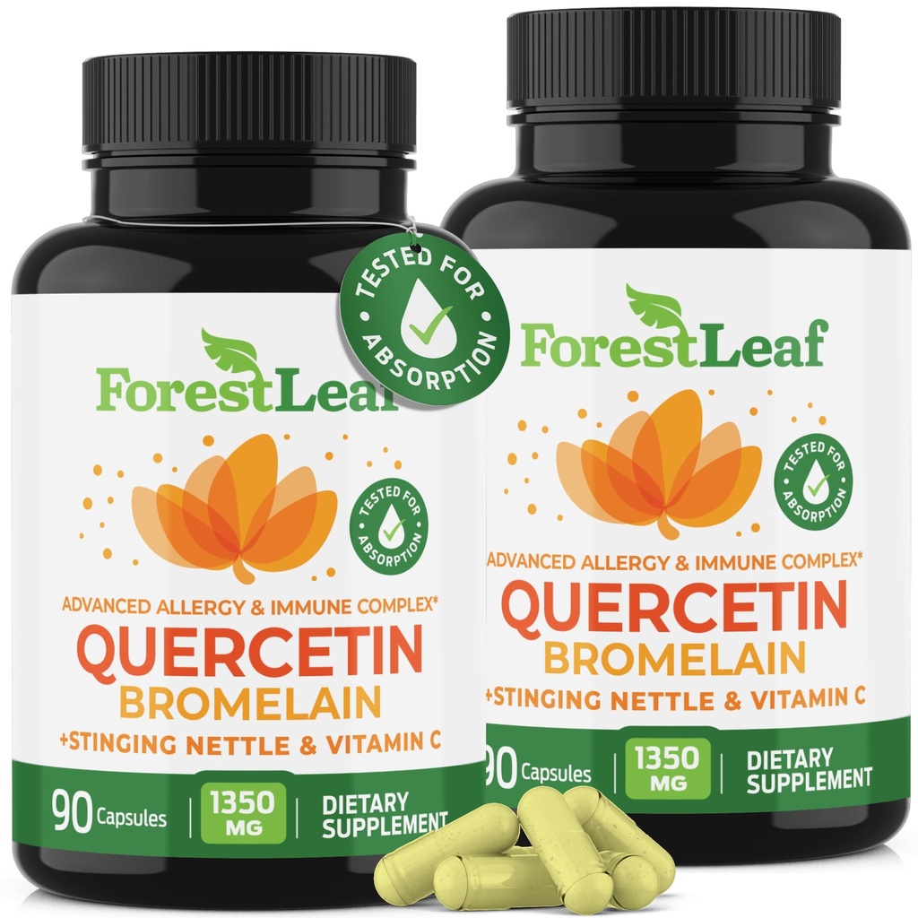 ForestLeaf Quercetin s Bromelainem - 1350mg Směs s vitaminem C & StringNettle, Advanced Quercetin 500mg dodatek, Non- GMO gluten zdarma, přírodní imunitní a respirační funkce 180 Veggie Kapsle