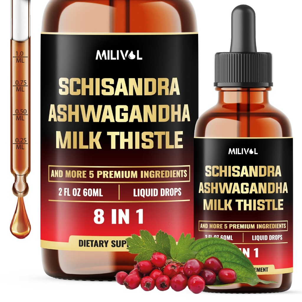 8in1 Schisandra Berry Drops with Milk Thistle, Ashwagandha, Rhodiola Rosea, Holy Basil, Artichod, Dandelion Root & Turmeric Curcumin - 2 Fl Oz pro 2 měsíce dodávky