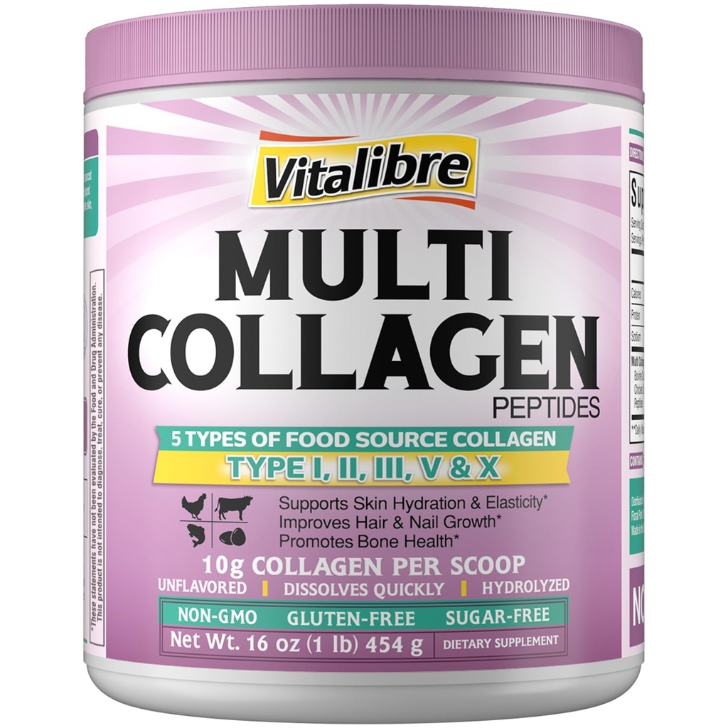 Multi kolagen Peptides Powder Typ I II III V X, Hydrolyzovaný kolagen protein pro ženy a muže, kůže, vlasy, hřebíky, bez příchutí, Non- GMO, Keto & GF, Nulový cukr, 45 Služeb, 16oz