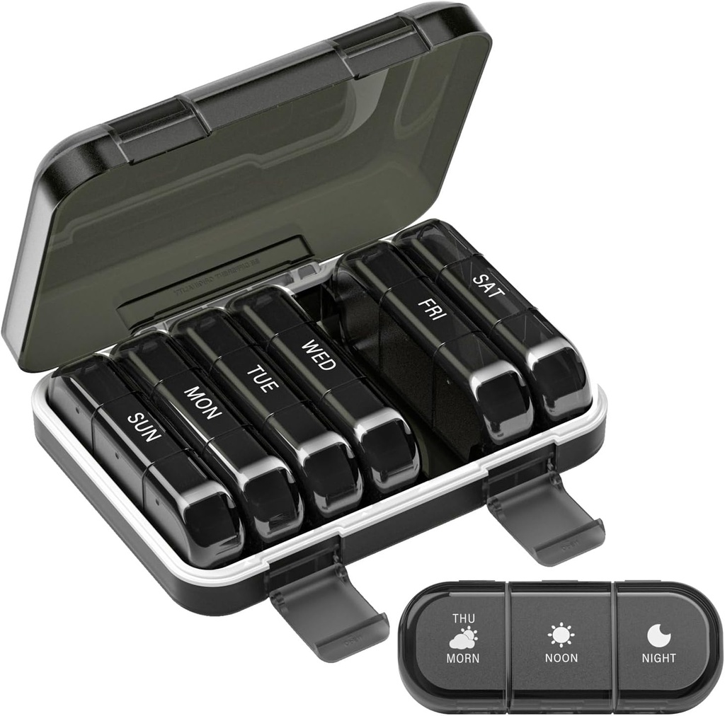 Týdenní porce Organizátor 3 krát denně, 7 Den Přenosný Pill Box na pilulky, Vitamíny, Rybí olej, Léky, doplňky (3x7 Black)