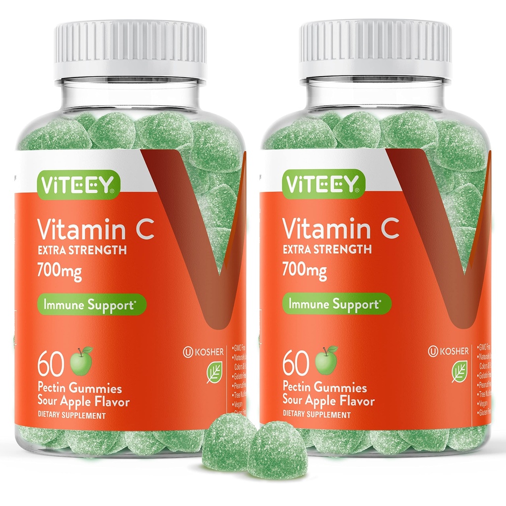 Viteey Chewable Vitamin C Gummies pro dospělé - 700mg Extra Silní Imunitní Supplement - Vegan, Lepek zdarma - 120 Počet