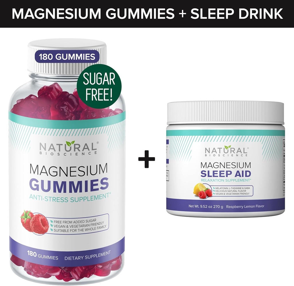 Sugar- Free Magnesium Gummies (180 Gummies) a Magnesium Night Time Powder with Magnesium Citrát, Melatonin, L- Theanine a GABA - Vegan, Gelatin- Free, Gluten- Free, Non- GMO