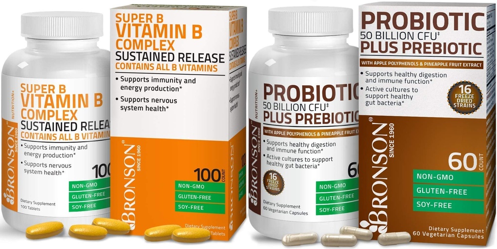 Bronson Probiotic 50 miliard CFU + Prebiotic s Apple Polyfenoly & Ananasový ovocný extrakt + vitamín B Komplexní trvalé uvolnění