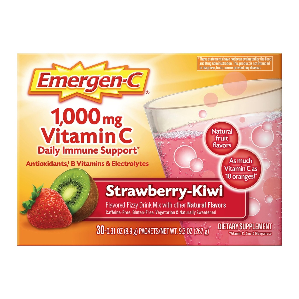 Emergen- C 1000mg Imunitní podpora vitaminu C Powder Jahodové Kiwi 30CT obsahuje zinek, mangan, 7 B vitaminy a elektrolyty pro návrat do školy Essentials