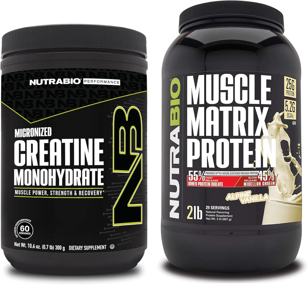 NutraBio Creatine Monohydrát, Neochucené, (300 g) a Muscle Matrix Protein Powder, (Vanilla) Doplněk Bundle - Svalová energie, Maximální růst, zotavení, a síla
