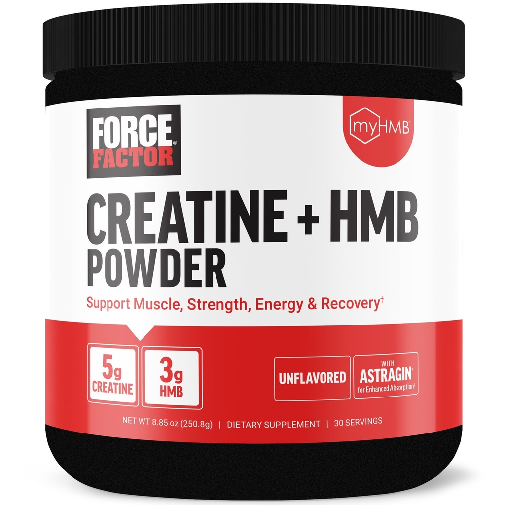 Force Factor Creatine HMB Powder, 5g Creatin Monohydrát + 3g myHMB pro růst svalů, sílu, energii a obnovu, s AstraGin pro zvýšení absorpce, Neochucené, 30 Služeb