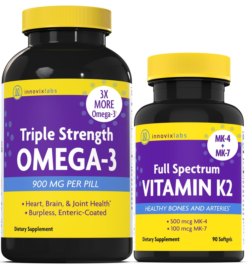 InnovixLabs Vitamin K2 & Triple Omega Bundle Full Spectrum Vitamin K2 (90 Softgels) Triple Strength Omega-3 Fish Oil (200 Softgels). Podporuje zdravé kosti, hřbitovy a spony. *