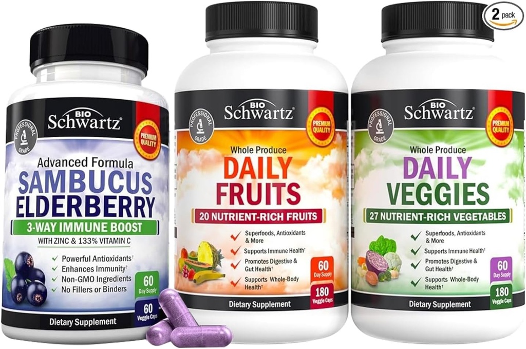 BioSchwartz Denní ovoce a zelenina dodatek pro ženy a muže (2 Měsíční zásoba) Plus bezinky se zinkem a vitamin C pro dospělé imunitní podpora (2 Měsíční dodávka)