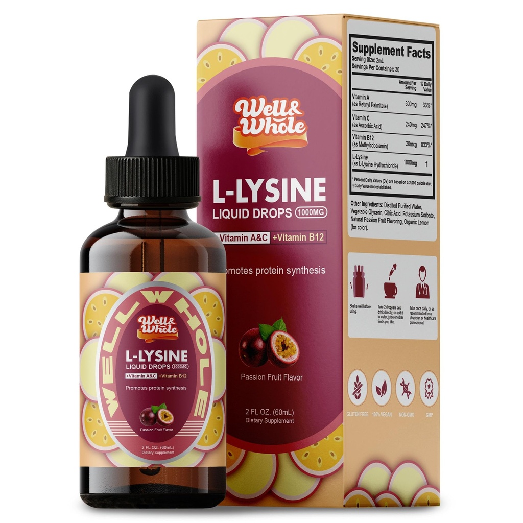 L- Lysinový dodatek Liquid Kapky 124; L- Lysinum 1000mg tinktura s vitamínem A, C, a B12 pro dospělé a děti 124; imunitní podpora, kůže a rty zdraví, kolagen Syntéza 124; Non- GMO, Vegan, 2 Fl Oz (60 ML)