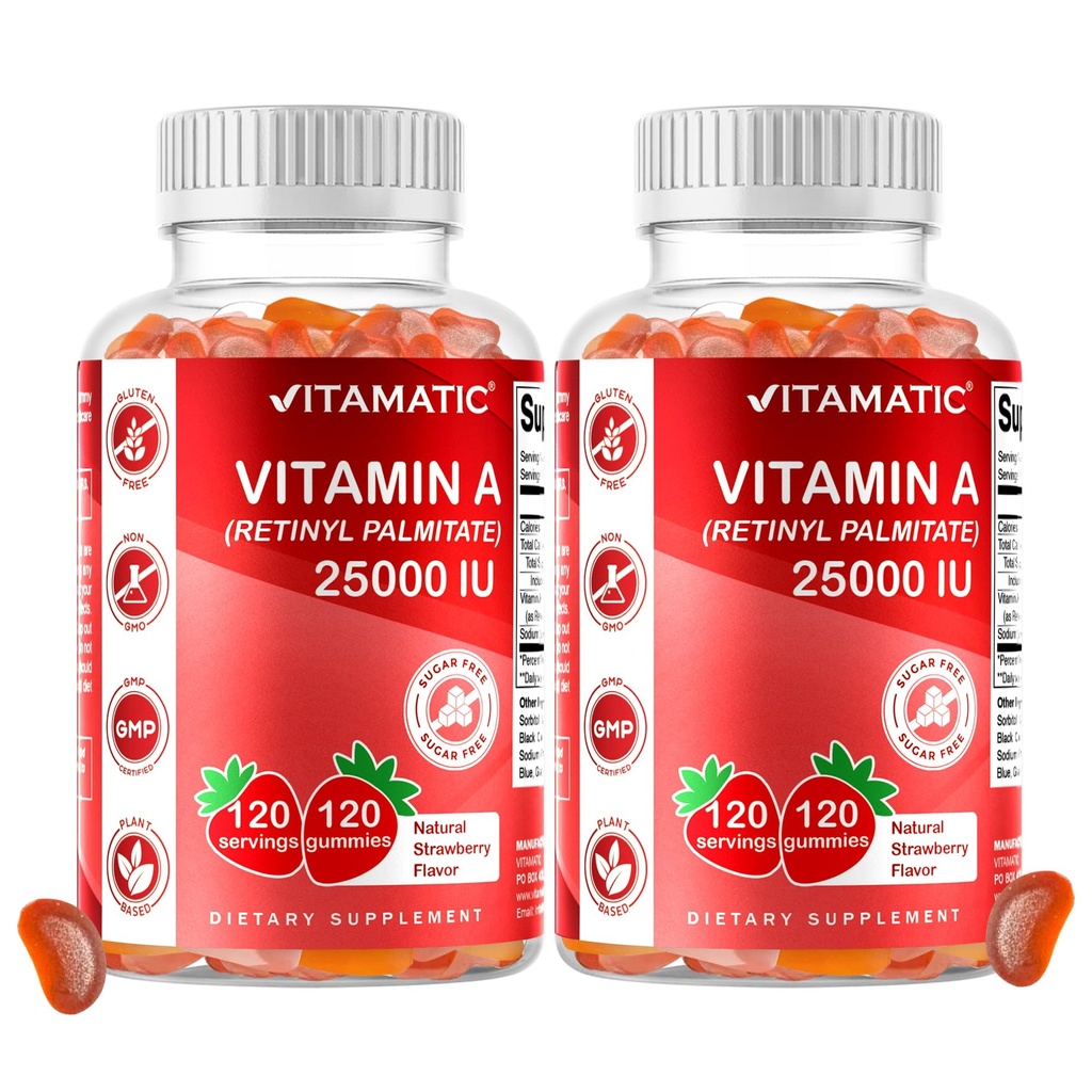 Vitamatický cukr bez vitaminu A 25000 IU gumičky (Retinyl Palmitát) - přírodní jahodové luštěniny - 120 Pektin na bázi gumiček (2 lahve)