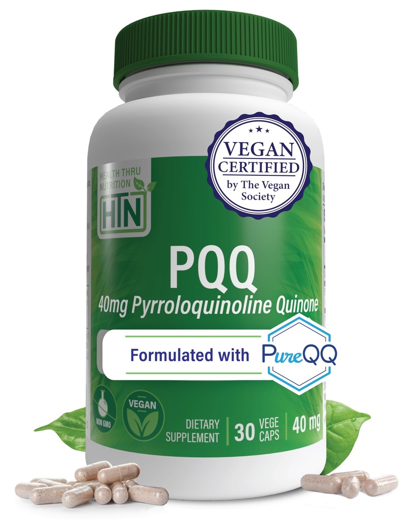 Zdraví Thru Nutrition PQQ 40mg 30 Servings Pyrrolochinolin Quinone as PureQQ PHARMA124; Promotes Mitochondrial Biogenesis PHAR124; Certified Vegan PHARMAL 124; Non- GMO gluten Soy Free Capsules PHAR124; Clean Label PQQ Dodatek