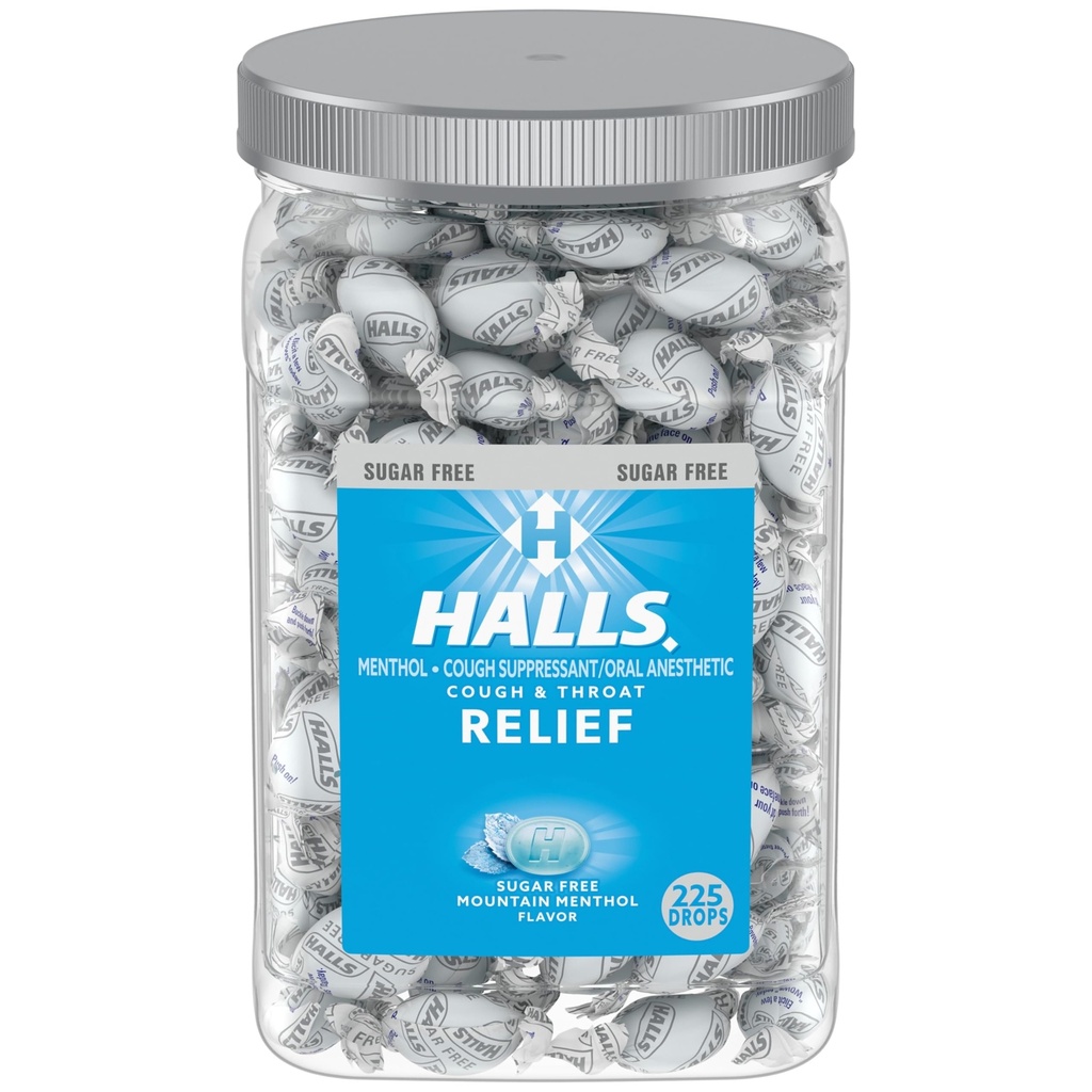 Halls Relief Mountain Menthol Cukr Volný kašel kapky, Bulk kašel kapky, 225 Kapky