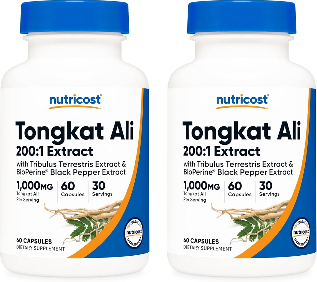 Nutricost Tongkat Ali 1,000mg, 60 Caps (2 láhve) - 30 Servings Per Bottle, Veggie Caps, Non- GMO, gluten zdarma
