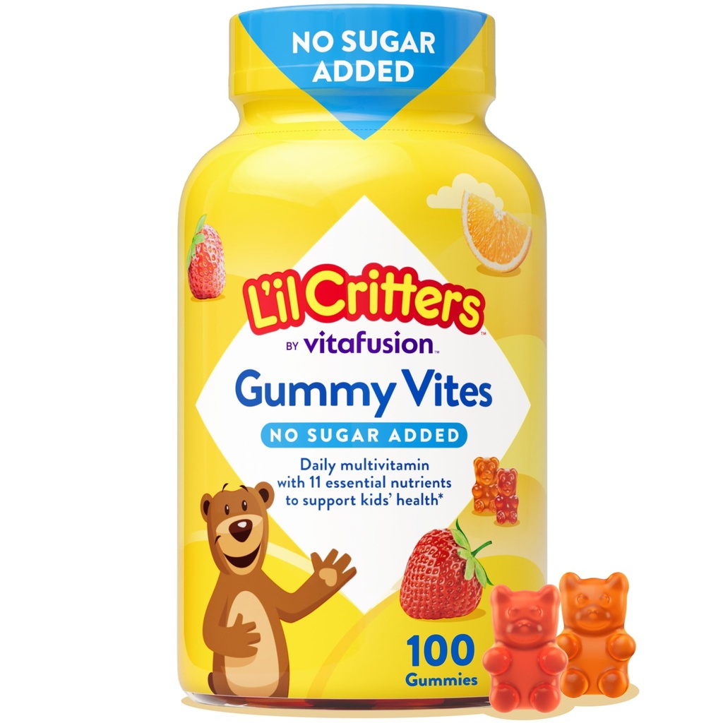 L 'il Critters Gummy Vites No Sugar Added Daily Gummy Multivitamine for ages 2 + Toddlers & Kids, Vitamin C, D3 for Immunote, Strawberry and Orange Flavors, 100 Gummies