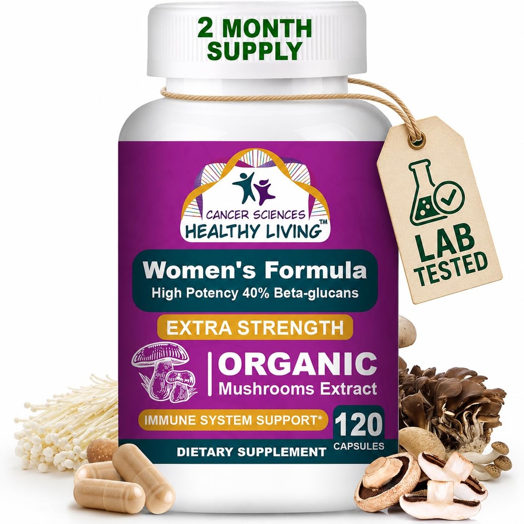 Cancer Sciences Organic Multivitamin pro ženy - Houbový dodatek Extrakt - Hormonální a imunitní podpůrné vitamíny - 1,500mg Non- GMO Wellness Mushroom Complex s 40% Beta- Glukans, 120 Kapsle