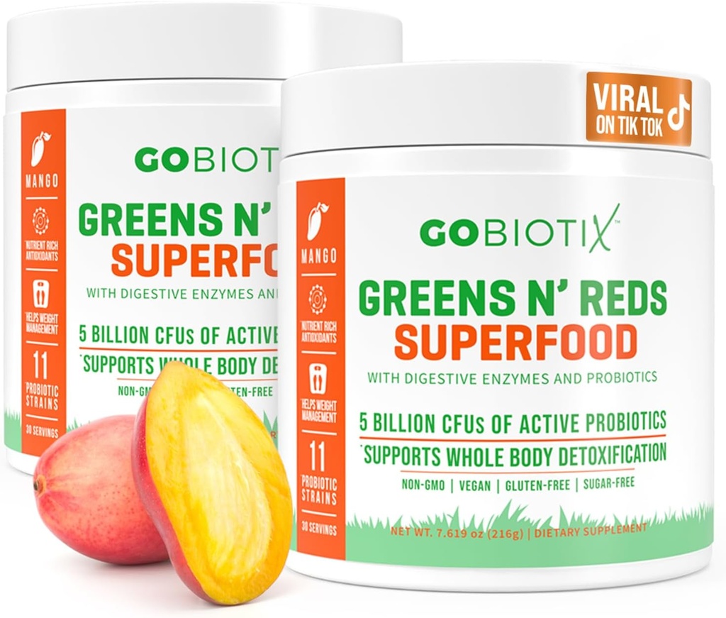 GOBIOTIX Super Zelené a červené Powder - Červený a zelený Superfood - Probiotický dodatek - Digestivní Enzymy a Kořen řepy Powder - Organic Whole Foods Dieter Supplement (Mango, 2 Pack)