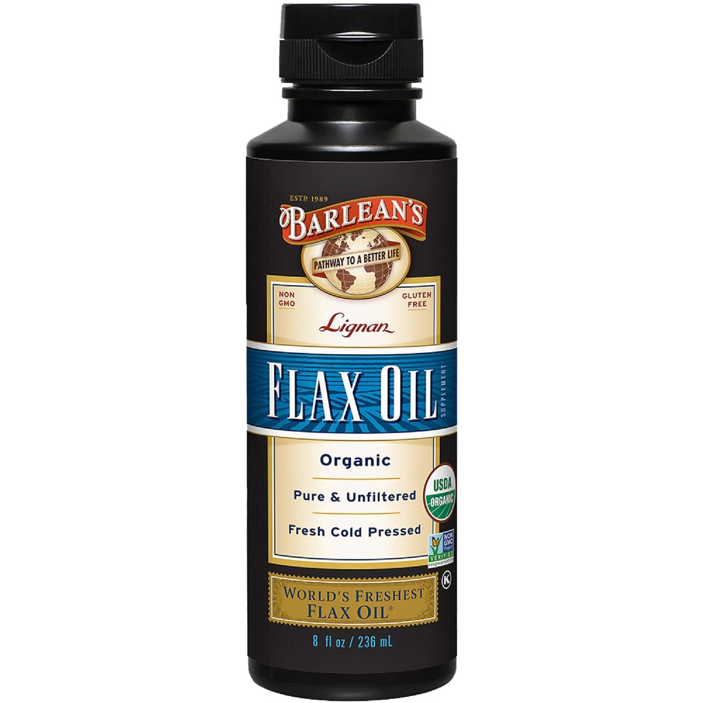 Barlean 's Organic Lignan Flaxseed Oil Liquid Supplement from Cold Pressed Flax Seeds, 7,230 mg ALA Omega33 Fatty Acids for Skin and Hair Care, Vegan & gluten Free, 8 oz