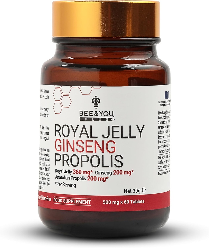Bee and You Royal Jelly with Ginseng Tablet, Propolis Extract, 60ct, 100% přírodní Superfood, Ultra Pure, Imunitní Supplement, Antioxidanty, Keto, Paleo, gluten- Free