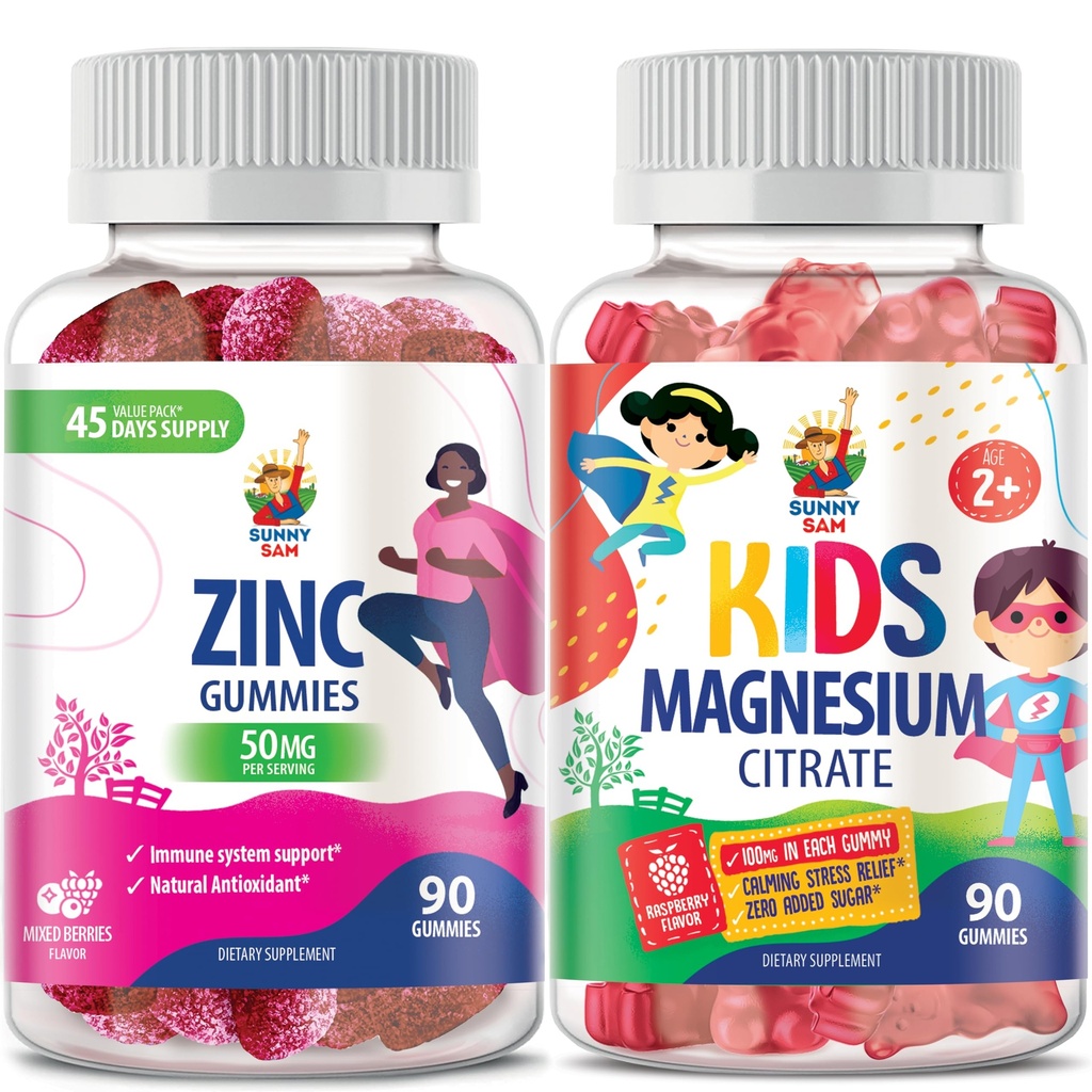 SUNNY SAM Zinkové gumy pro dospělé a hořčíkové gumy pro děti a dospělé - 100mg - klidové žvýkačky hořčíku