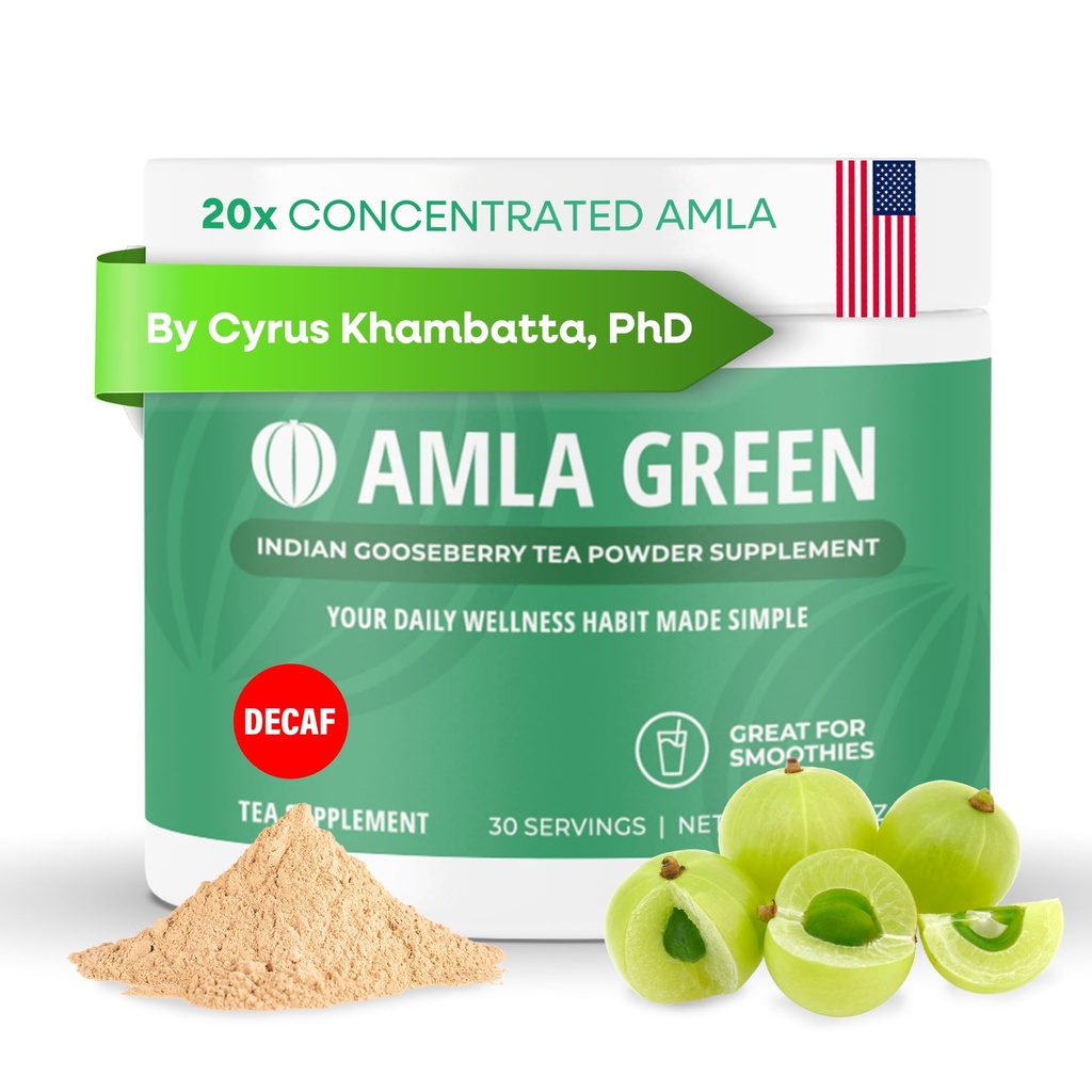 Amla Powder & bez kofeinu Zelený čaj Superfood dodatek, 20x Ultra Koncentrovaná Amla, Antioxidant Podpora, Made with Oolong Tea and Indian Gooseberry, Organic, Vegan, Bez kofeinu, 30 Služeb