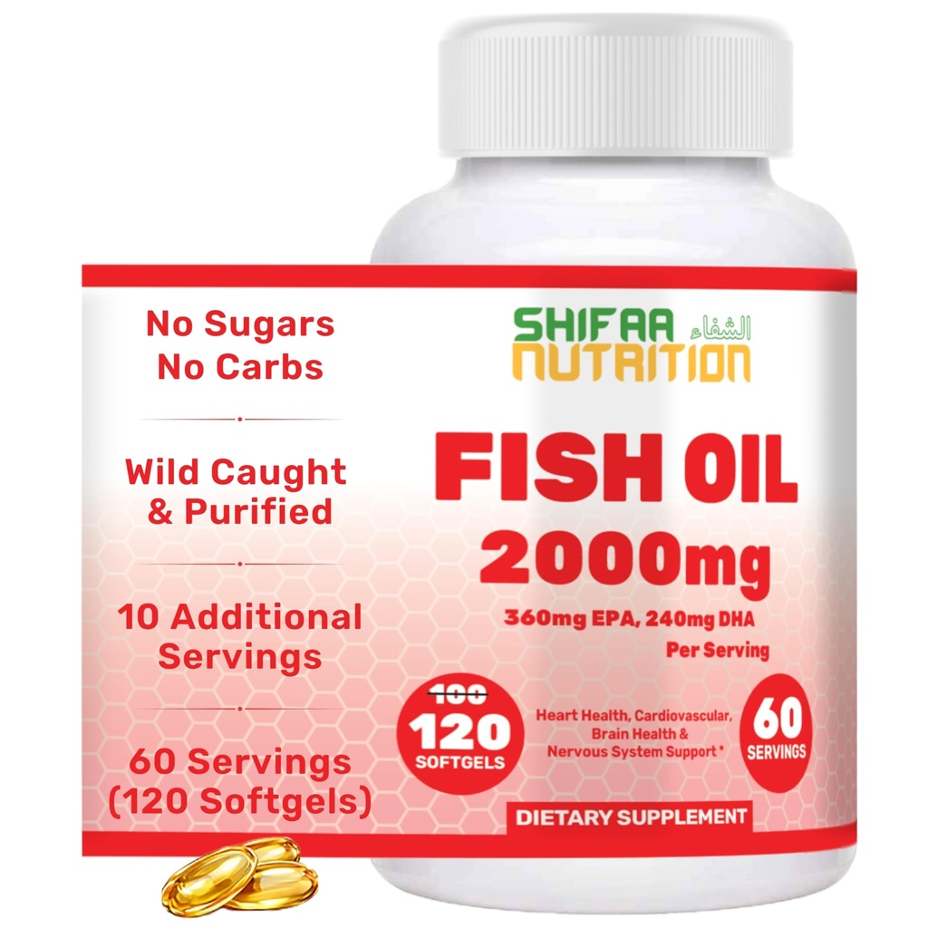 SHIFAA NUTRITION Halal Fish Oil 2000mg Softgels with 360mg EPA & 240mg DHA. 100 Wild Catched & Non- GMO Omega 3 Softgels for Heart & Brain Health. Bezešvé, Easy- to- Polykat rybí olej Omega 3 doplňky