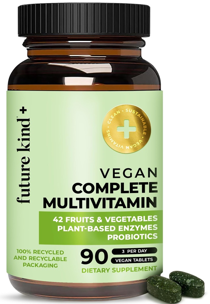 Future Kind Vegan Multivitamins Complete - 42- in-1 Vegan Multivitamins pro ženy a muže s enzymy, B12, zinek, & Probiotika pro potravu (90 tablet v recyklované lahvi)