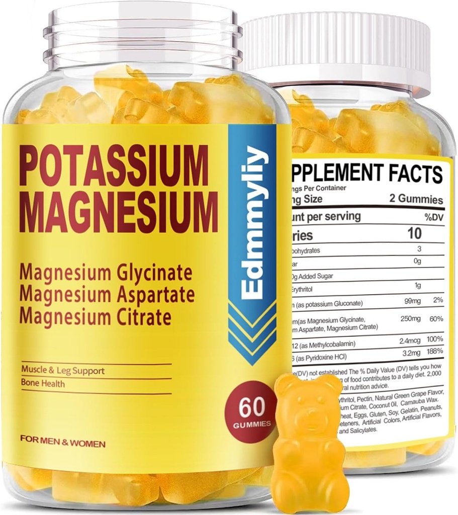 Draslík Magnesium dodatek Gummie pro dospělé vysoká absorpce Draslík Glukonát 99mg Magnesium Citrát 250mg s vitaminem B6 B12 Podporuje mood, Energie, Svalová relaxace, zdraví kostí, bez cukru