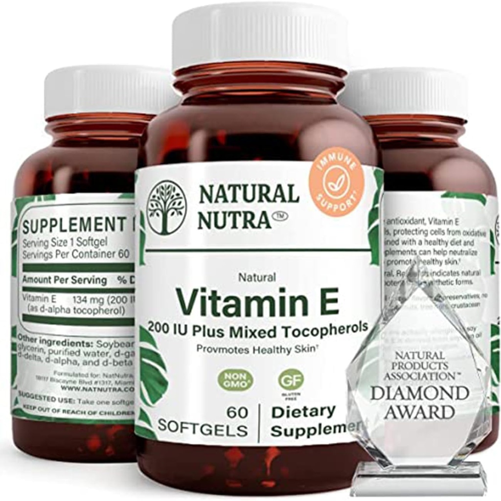 Přírodní Nutra vitamín E 200 IU doplněk pro pleť, vlasy a nehty, Podpora zdraví srdce, Pomáhá snížit zarudnutí, pomáhá zabránit pleť texturu, Promoted imunitní systém, Lepek zdarma, 60 Softgels