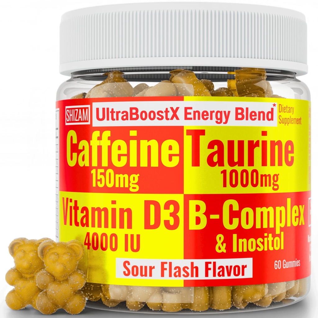 SHIZAM Taurin 1000mg Caffeine 150mg Energy Gummies w D- 3 B-12 B Complex Inositol, Gel Gels Vitamíny Vitaminové nápoje Kapsle Nápoje Nápoj Žvýkací pilulky Práškový Alt, Běžící běžci Dodatek doplňky