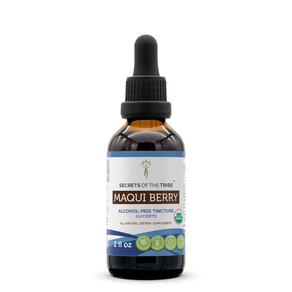 Tajemství Tribe Maki Berry USDA Organic Tincture Alcohol- Free Liquid Extract, Maki Berry (Aristotelia chilensis) Sušené Berry (2 FL OZ)