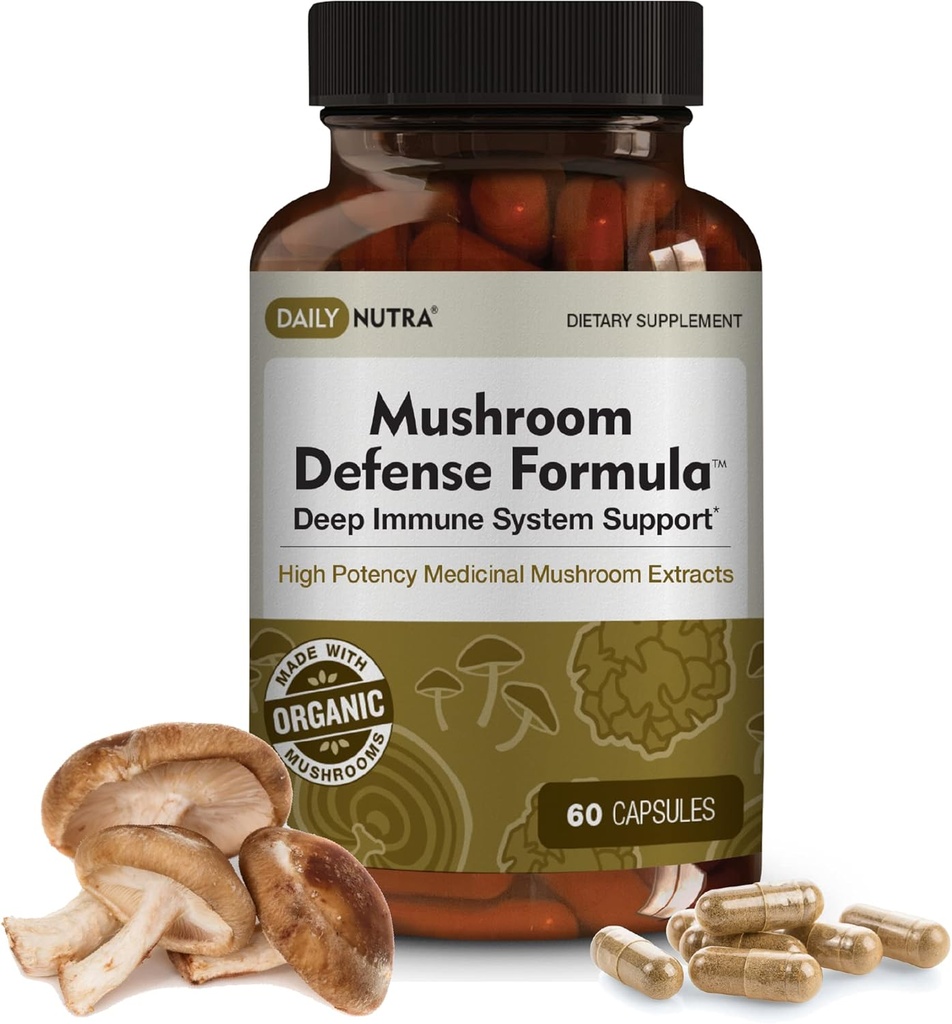 DailyNutra Mushroom Defense Formule - Imunity Support Supplement 124; Organic Mushroms, Hot Water Extraded - Reishi, Chaga, Maitake, Shiitake & Turkey Tail (60 Kapsle)