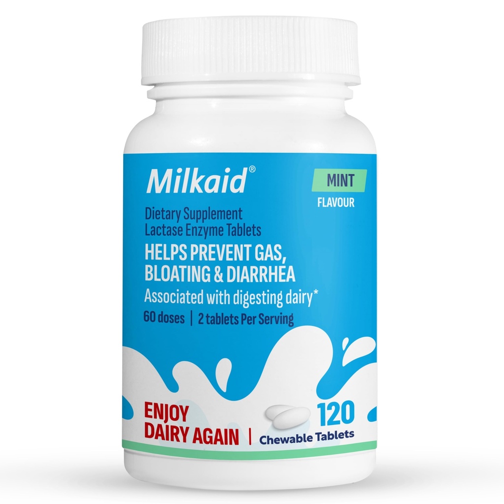 Milkaid Laktáza Enzyme Žvýkací tablety pro intoleranci laktózy Relief CLAS124; Prevents Gas, Bloating & Diarrhea CLAS124; Fast acting Dairy Digestive Supplement (120 tablet, mint)