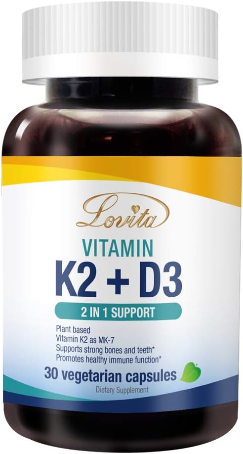 Lovita Vitamin K2 + D3, 400 IU Vegan Vitamin D3 & 120 mcg Vitamin K2 (MK- 7), 2 in 1 Formule, Imunitní vitaminový komplex, 30 Vegetariánských tobolek